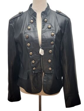 United Face NWT Leather Military Style Jacket Gold Buttons Size XL Moto Luxury